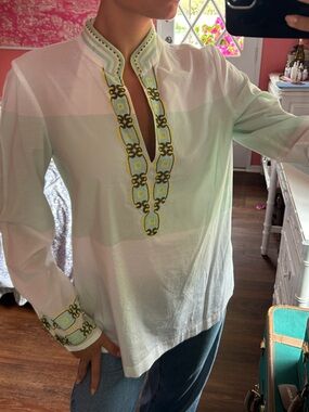 Embroidered V-Neck Tunic Top in Light Mint
